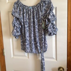 CeCe White and Blue Ruffled Blouse